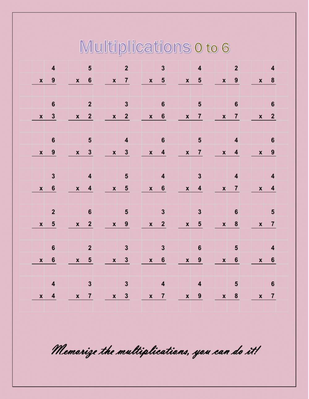 Multiplications 0 to 6