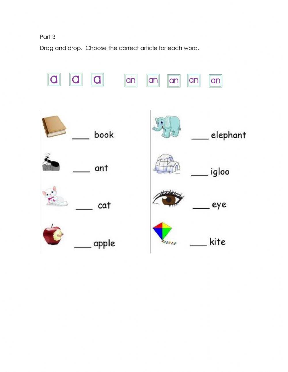 Worksheet articles a - an