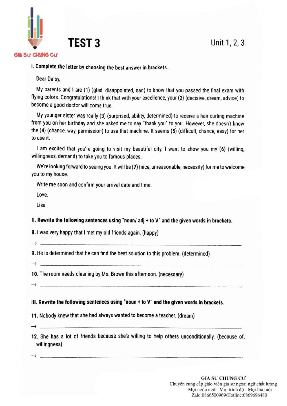 Lớp 11 - Kiểm tra 15 phút(test 3 luyện giải)