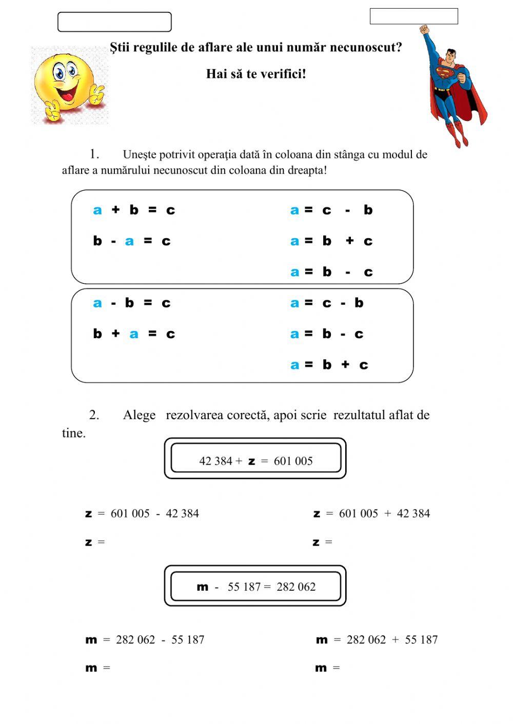 Aflarea numărului necunoscut în operaţiile de adunare şi scădere
