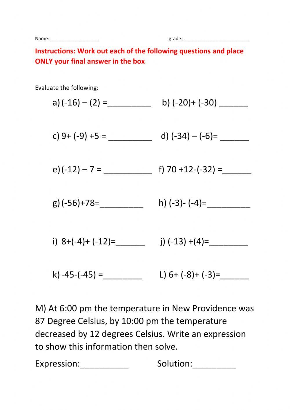 Adding and subtracting integers worksheet grade 9