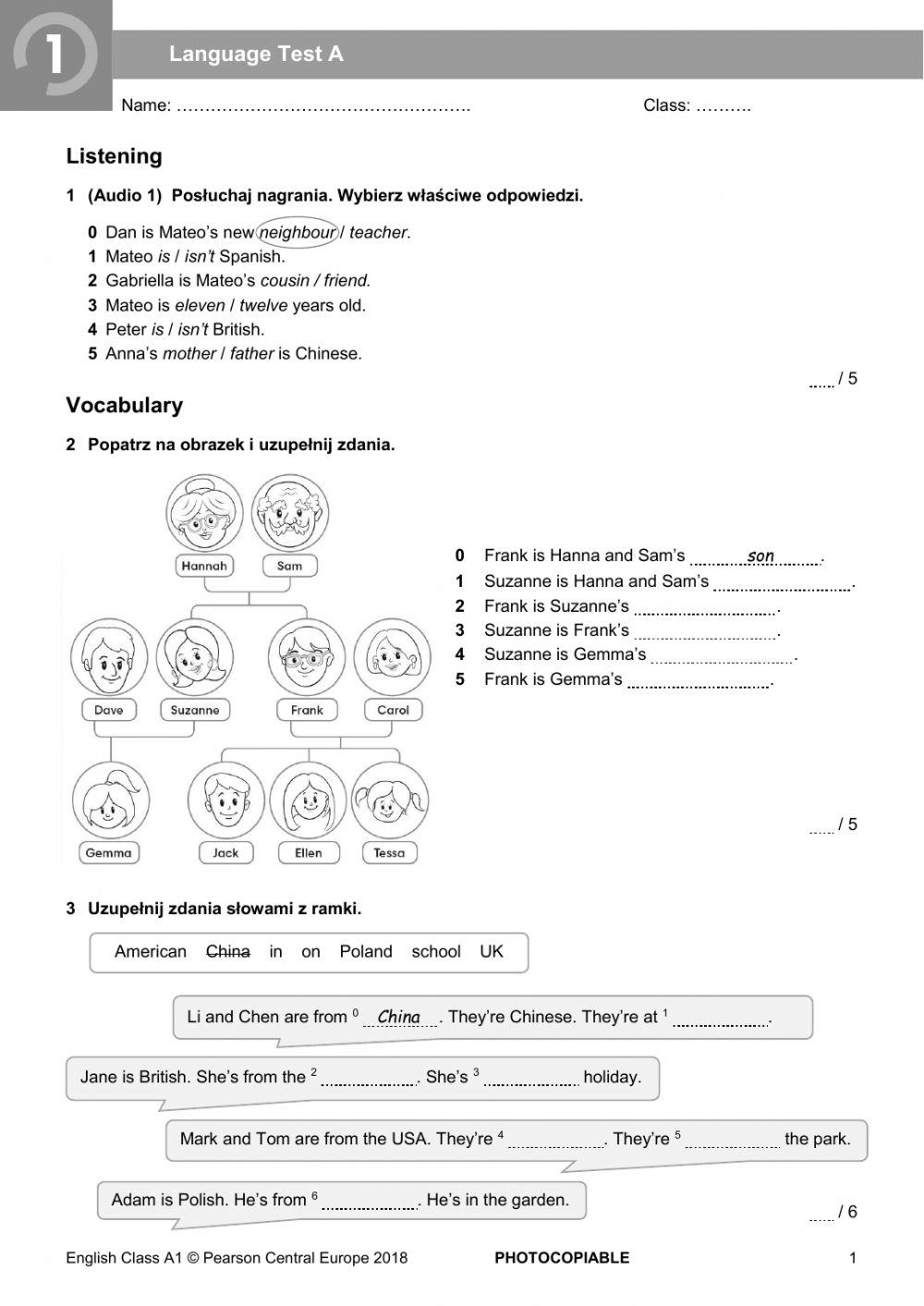 English Class A1+ Test Unit 4 Test English Class A1 unit 1 group A | LiveWorksheets