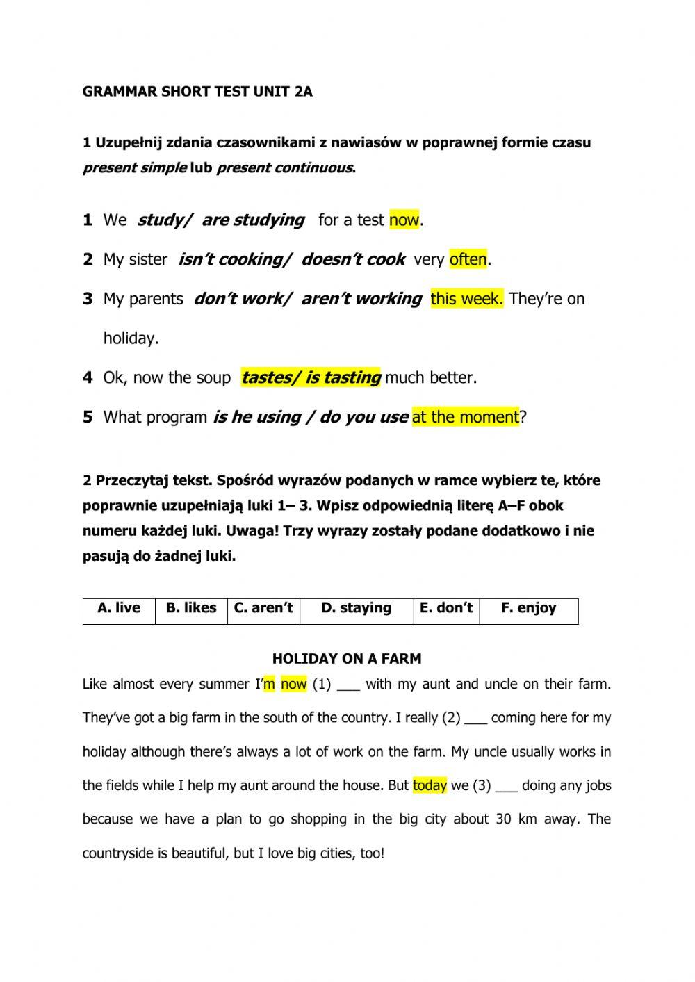 grammar short test Unit 2 KLASA 7 