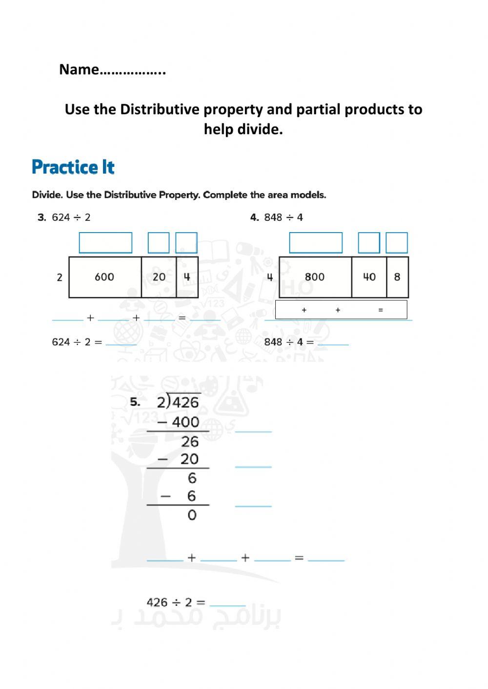 Distributive property and partial quotients to divide online exercise
