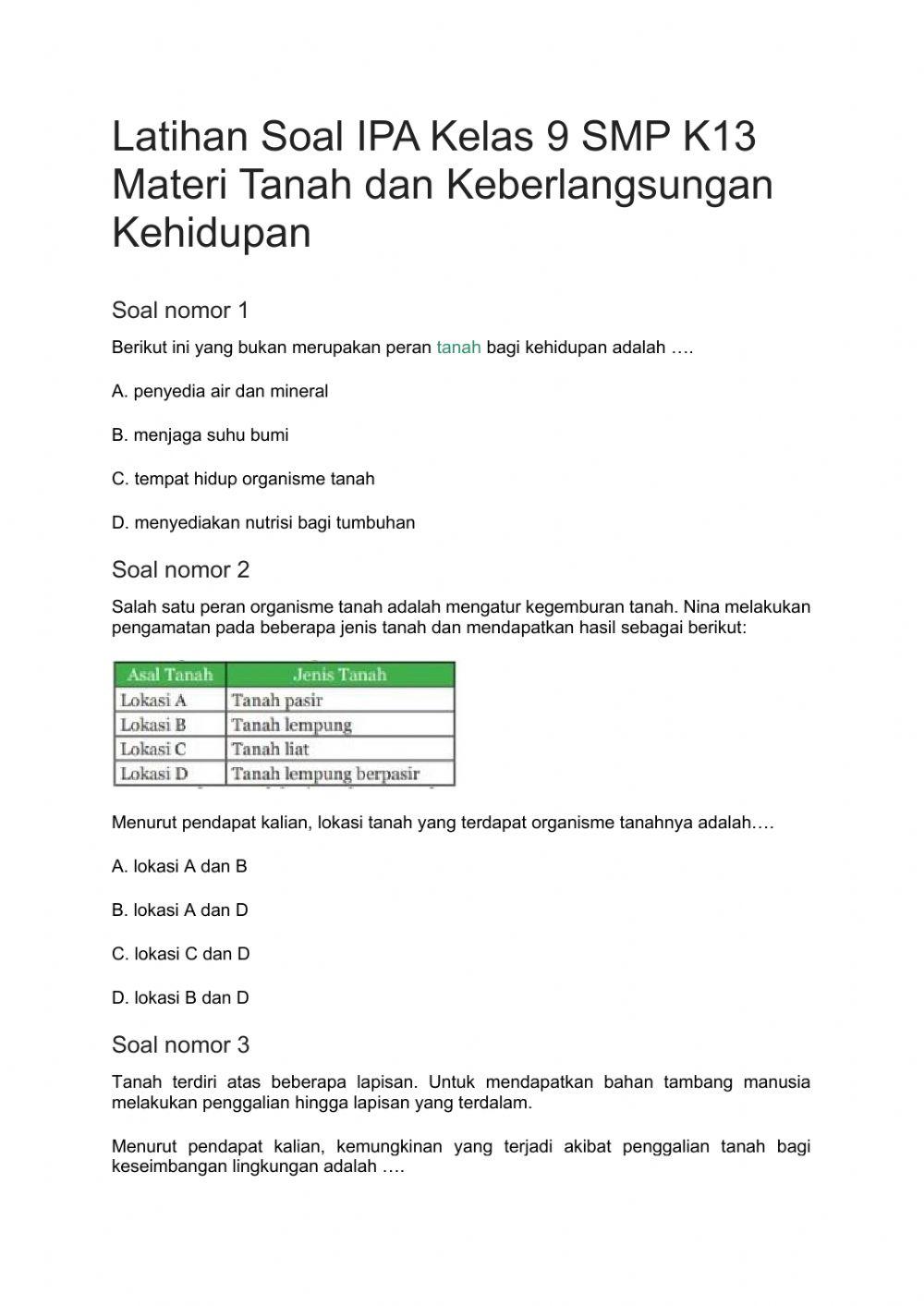 Latihan Soal tanah dan Makhluk Hidup