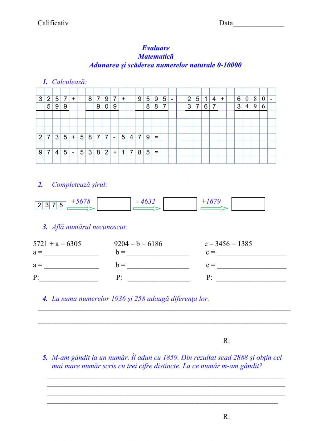 Evaluare - Adunarea si scaderea nr 0-10000