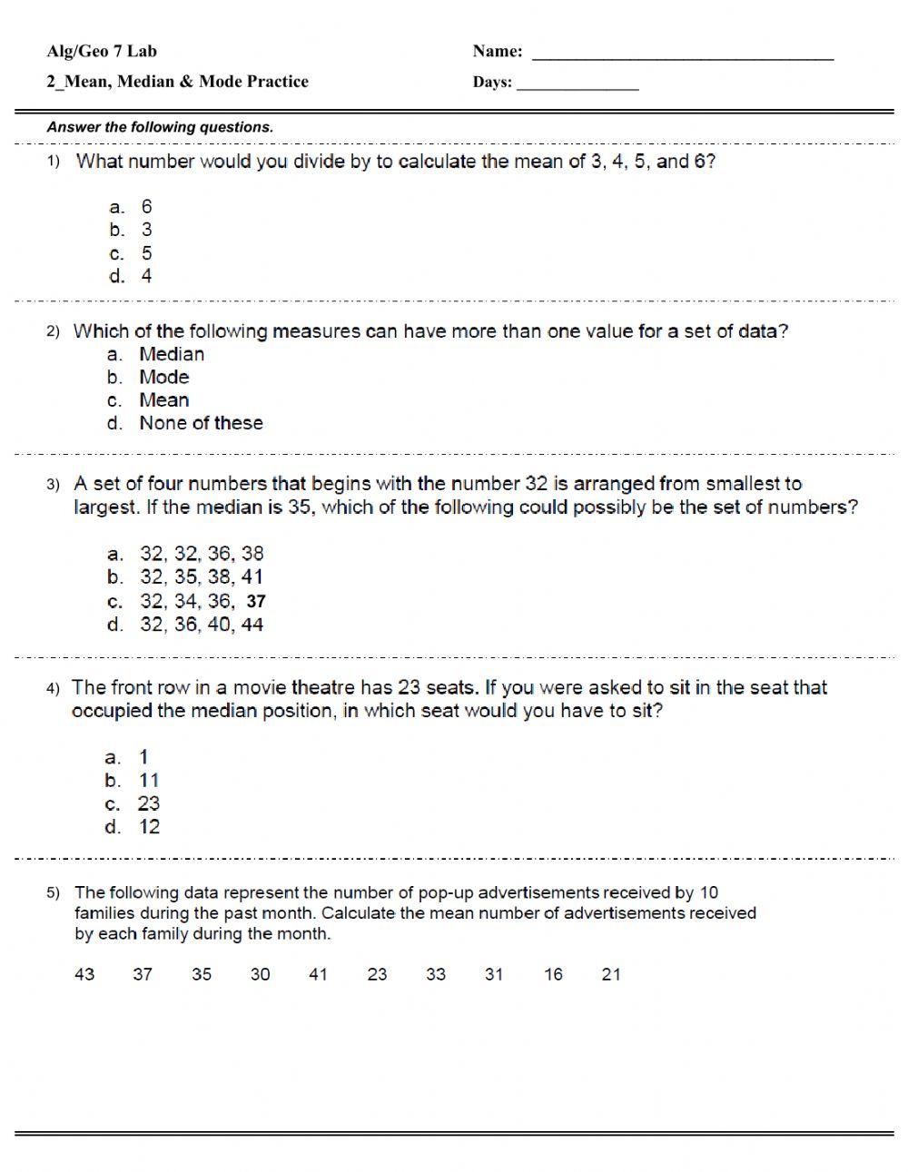 Mean, Median, Mode - Range Worksheet online exercise for | Live Worksheets