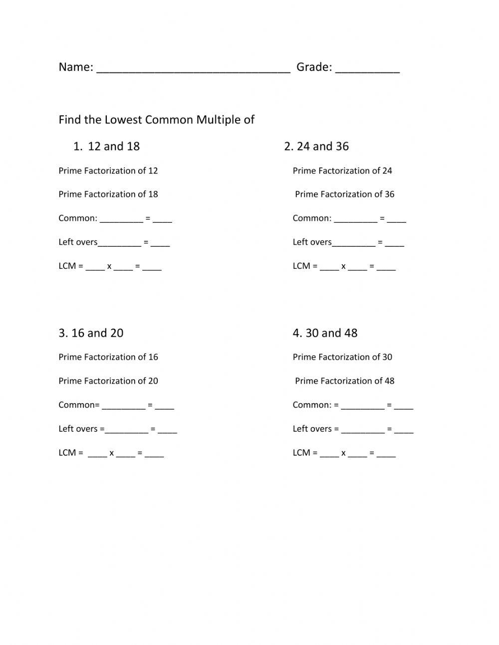 Lowest Common Multiple online exercise for | Live Worksheets