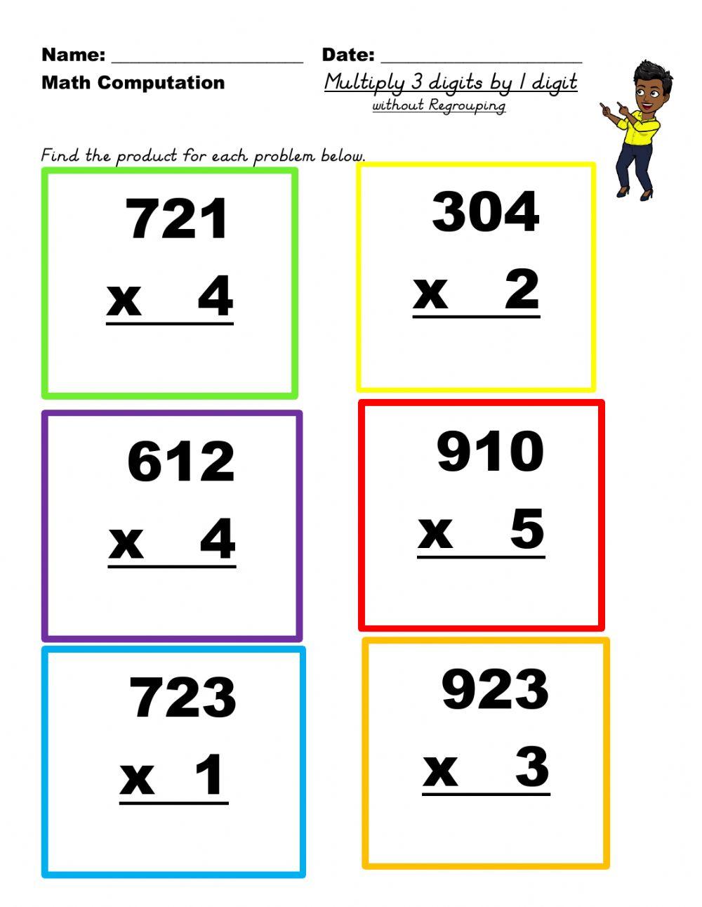 Multiply 3 digit by 1 digit no regrouping