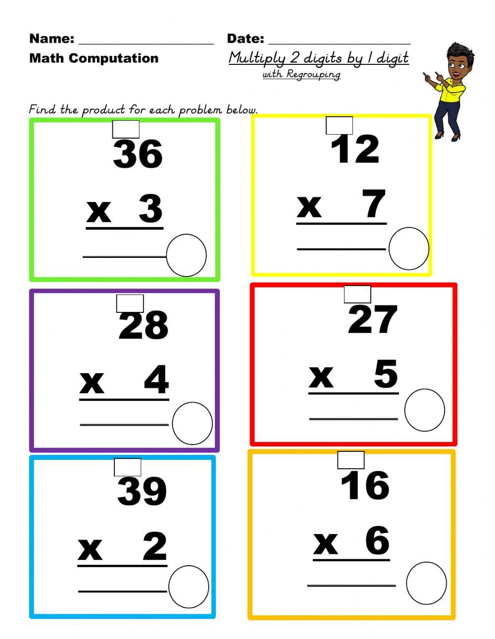 Multiply 2 by 1 with regrouping