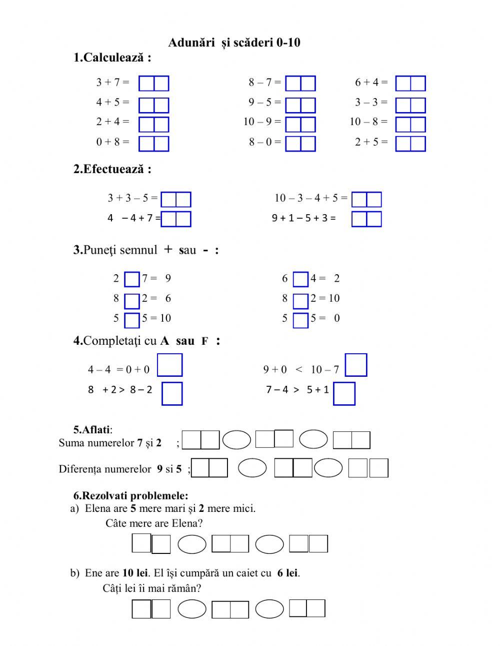 Adunări și scăderi 0-10
