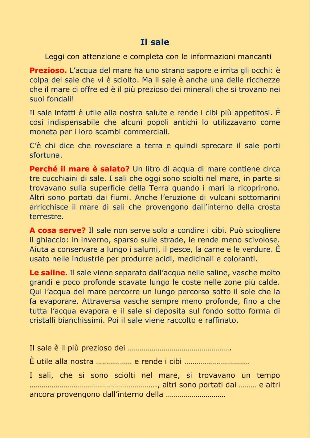 Il sale. Lettura e comprensione del testo