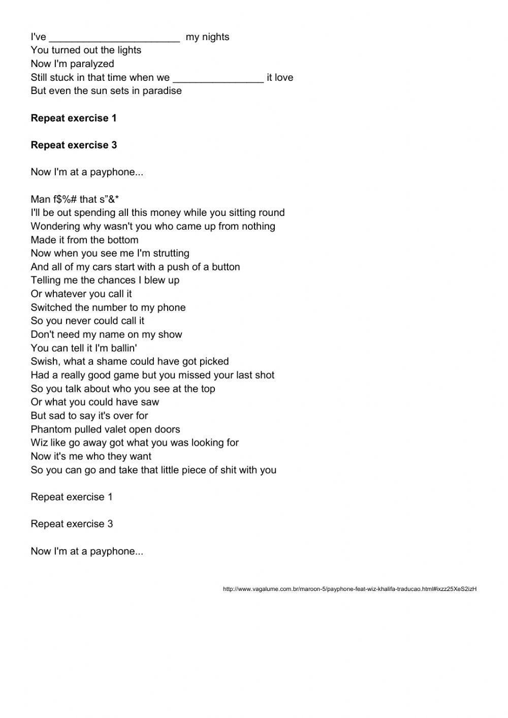 Payphone- Maroon 5 worksheet
