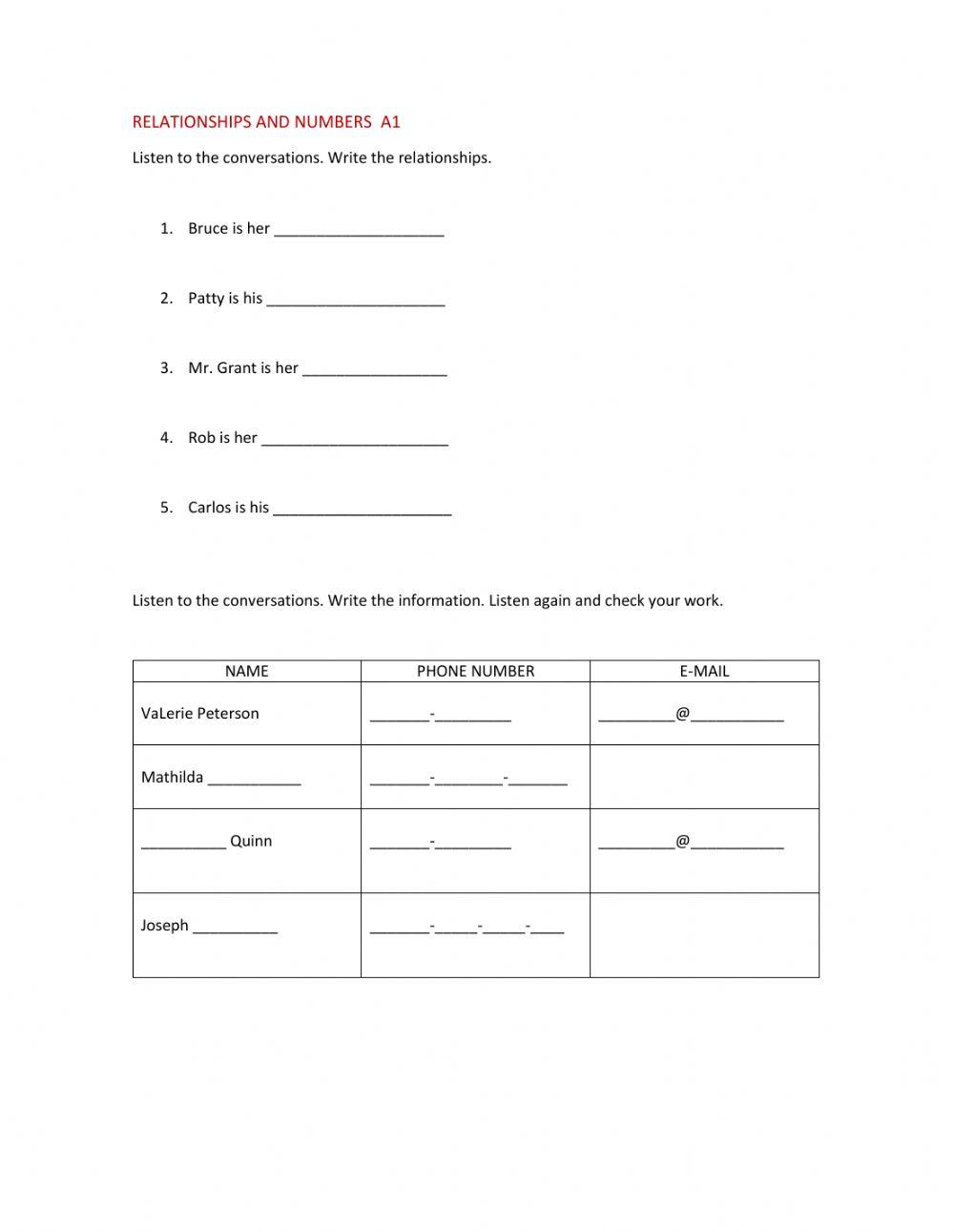 Relationships and numbers. Listening