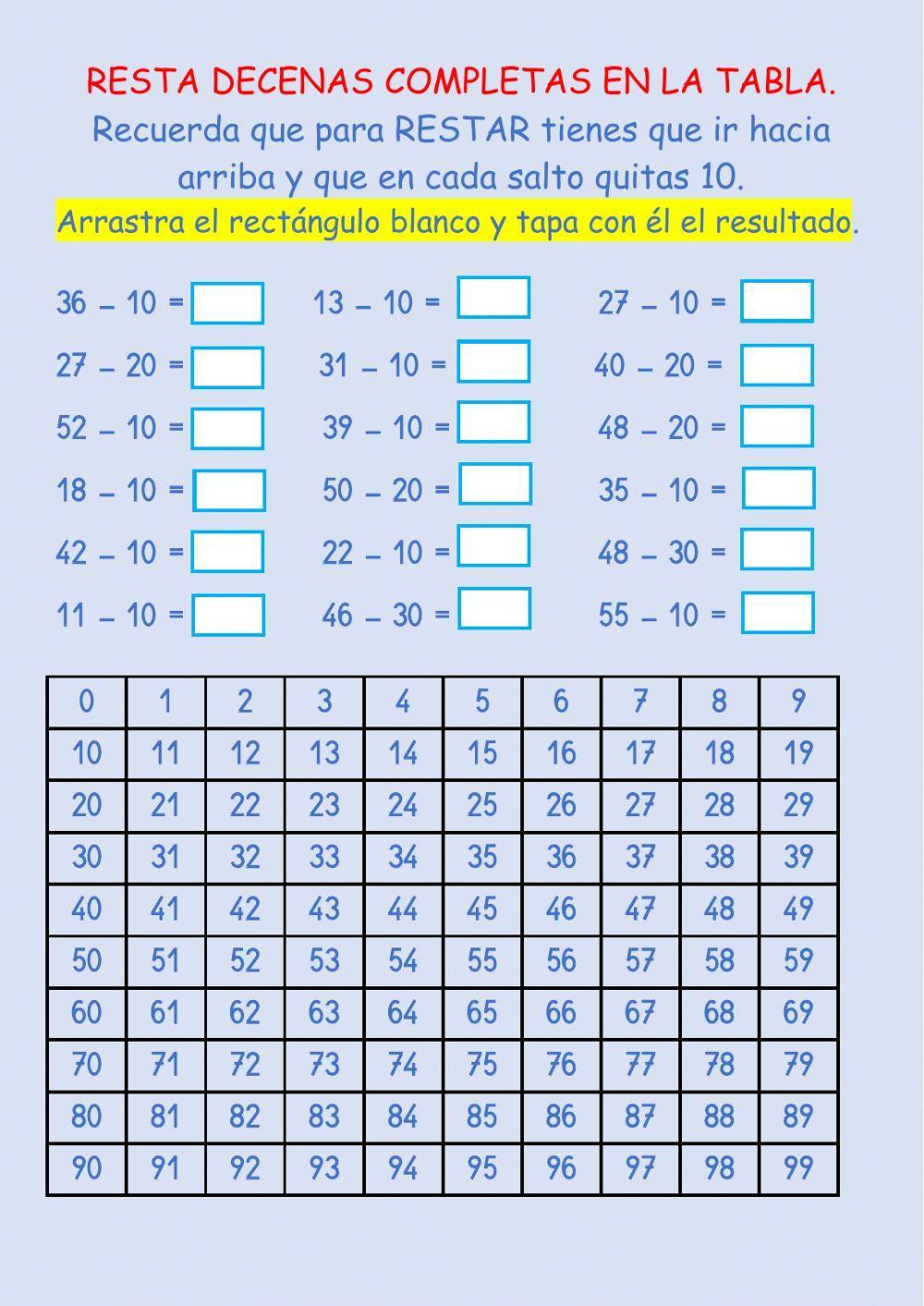 Resta decenas completas en la tabla. Resta decenas completas en la tabla.