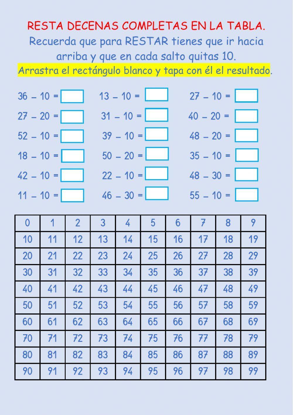 Resta decenas completas en la tabla.