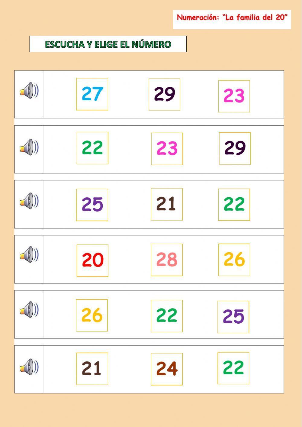 Escucha y elige el número (números del 20 al 29)