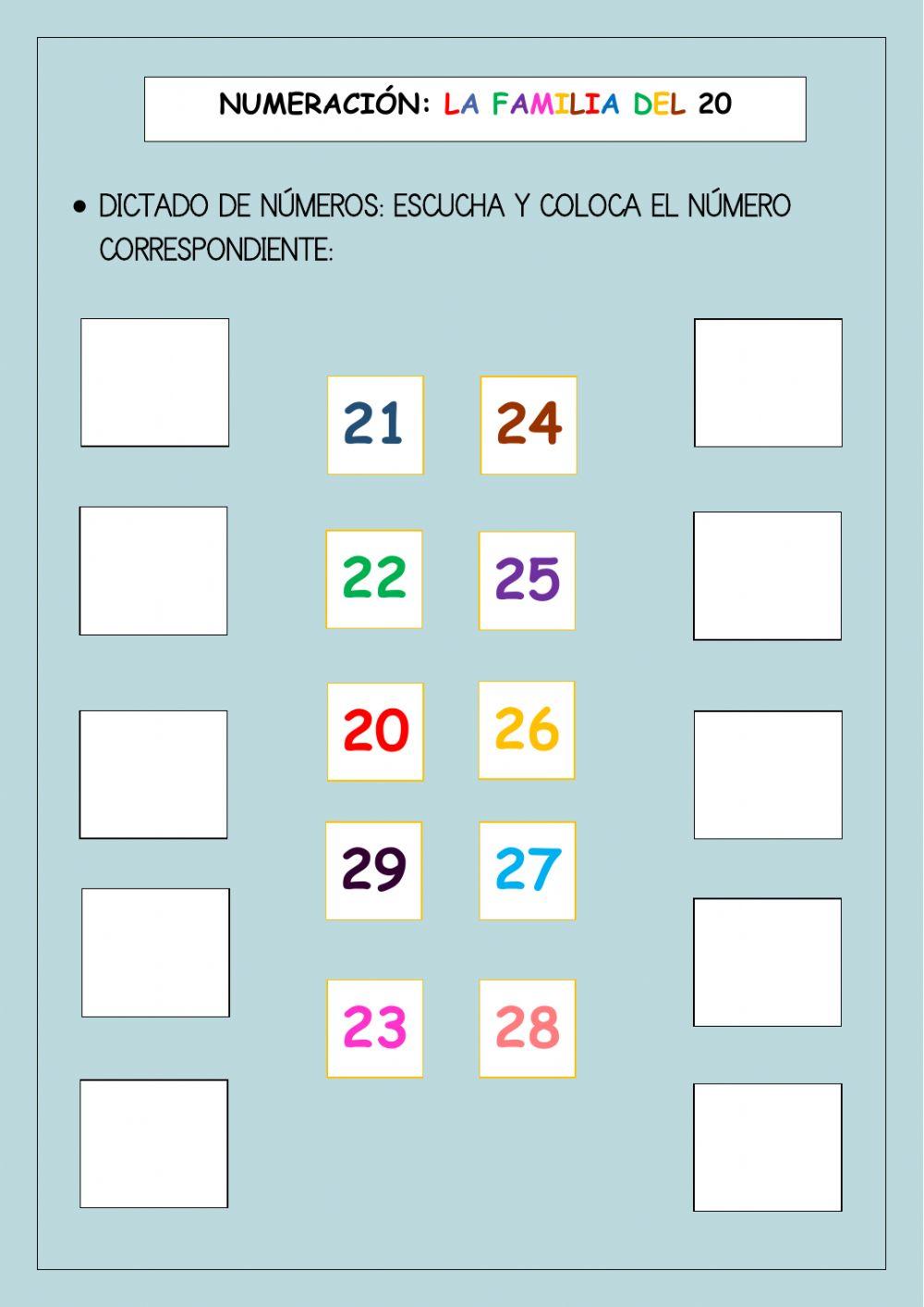 Dictado de números del 20 al 29