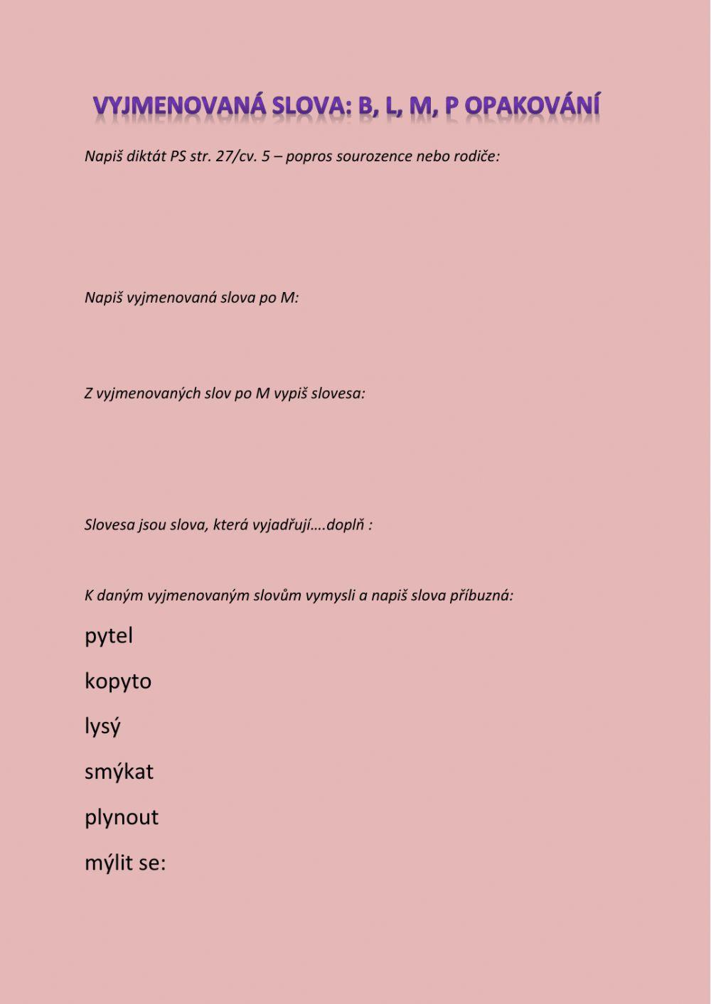 Vyjmenovaná slova - opakování B, L, M, P, S