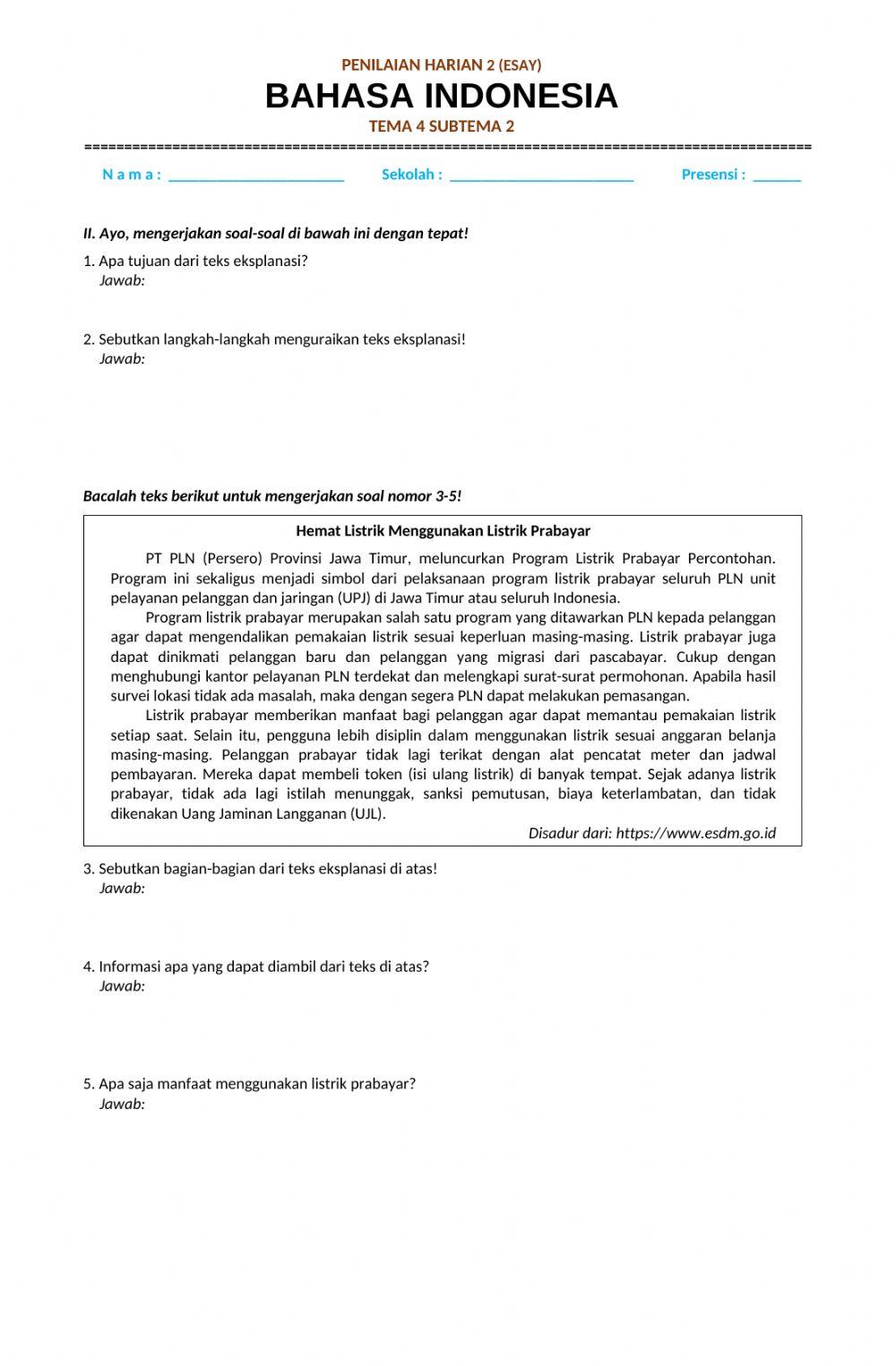 Penilaian Harian 2 Bahasa Indonesia Tema 4 Subtema 2
