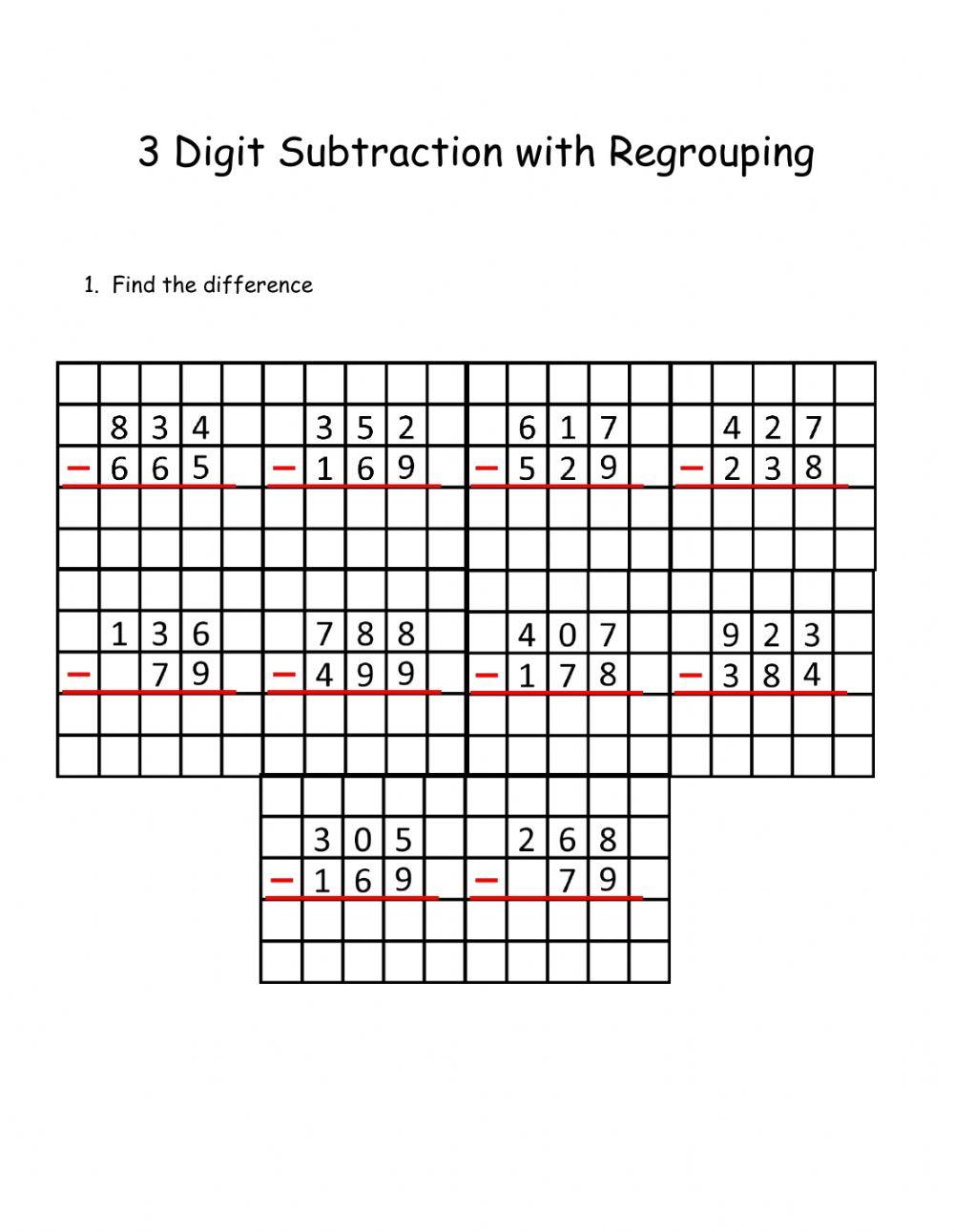 3 Digit Subtraction with Regrouping