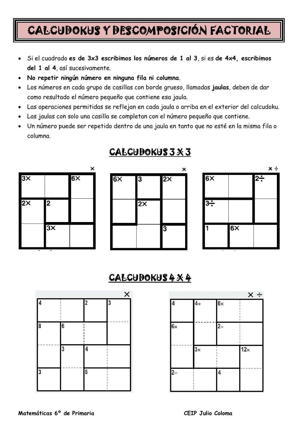 Calcudokus (Kenken). Descomposición por factores.