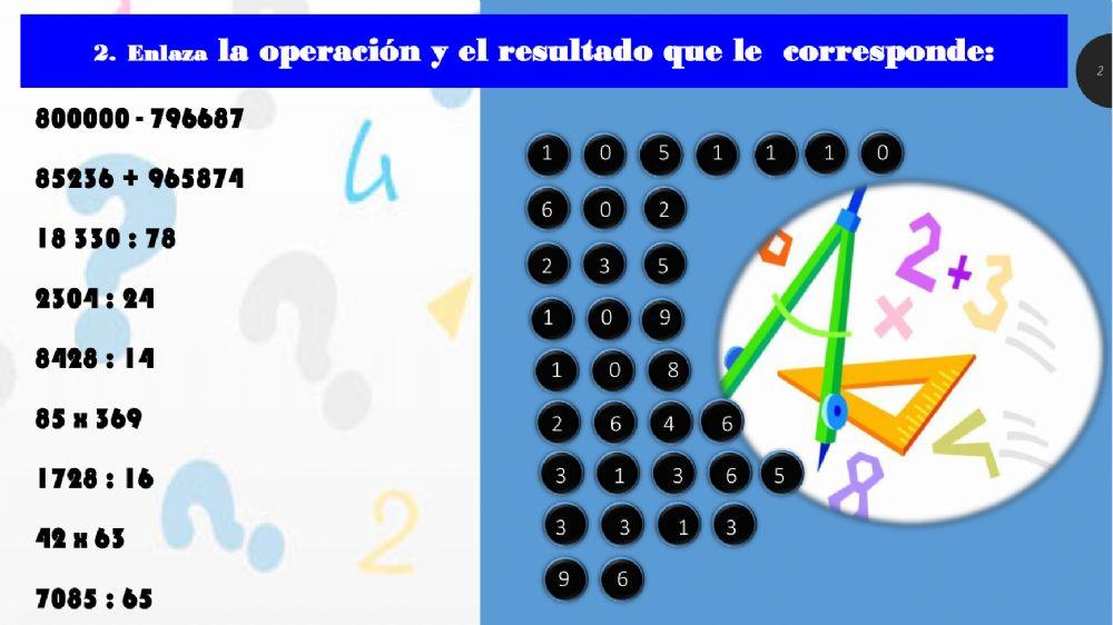 Operaciones básicas de suma, resta multiplicación y división.