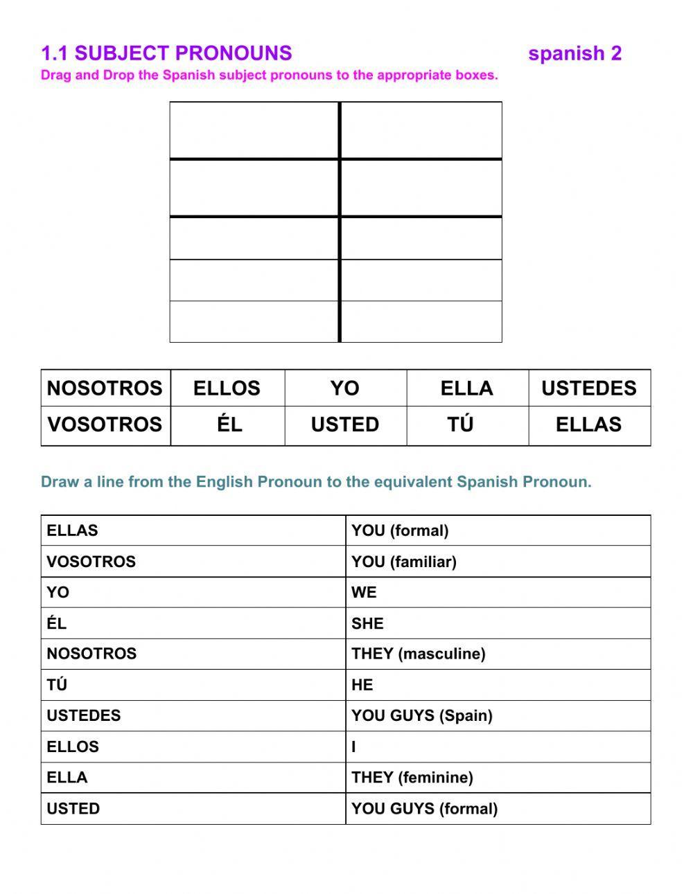 Subject Pronouns In Spanish Worksheet