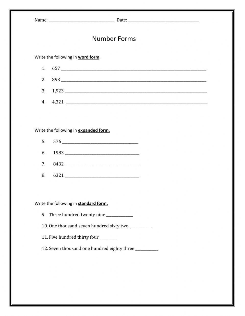 Number Forms Worksheet
