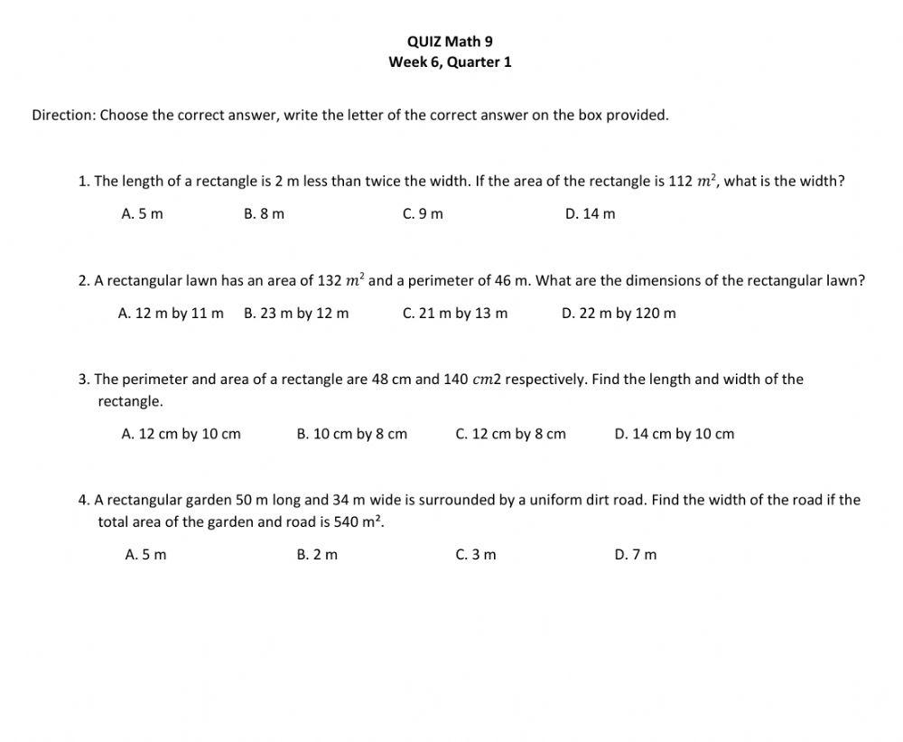 Math 9 q1week6 quiz problem solving quadratic equation online exercise