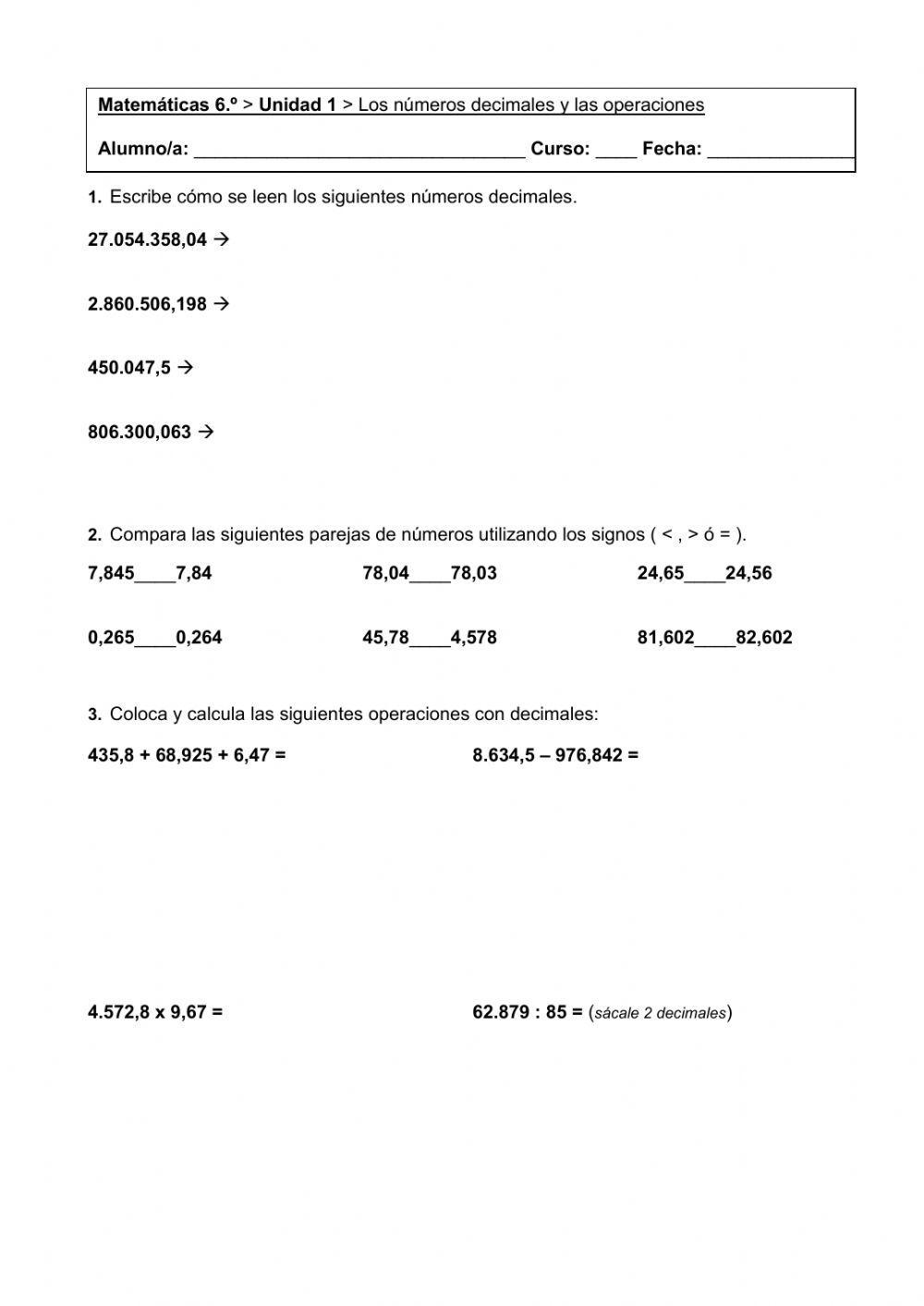 Control números decimales 6º