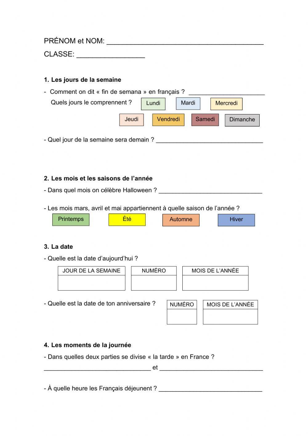 Test 1: les jours de la semaine, les mois de l'année, les saisons, la date, les moments de la journée, les salutations, halloween, prononciation