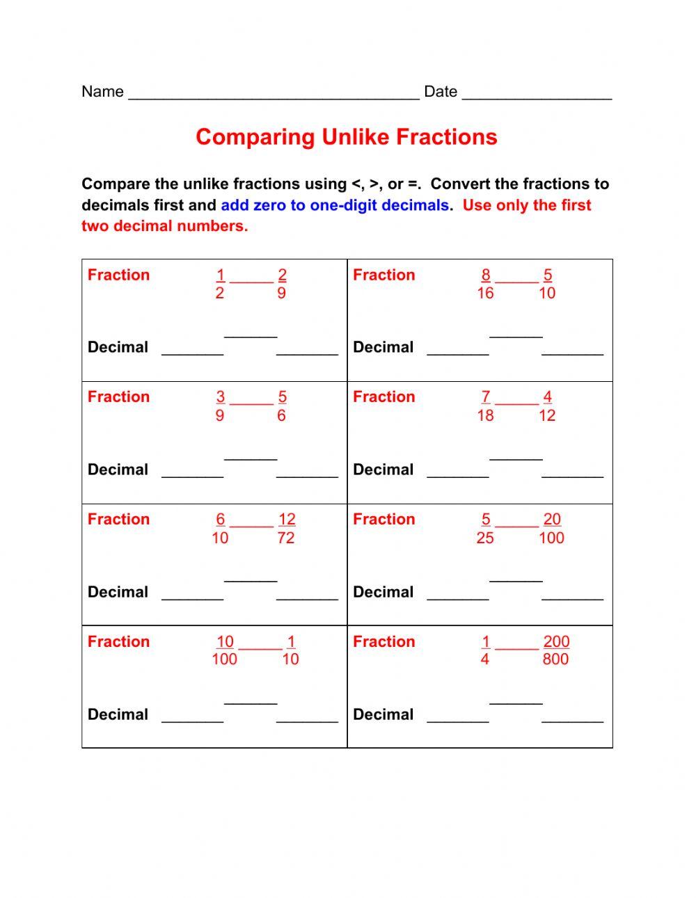 Comparing Unlike Fractions by Converting to Decimals