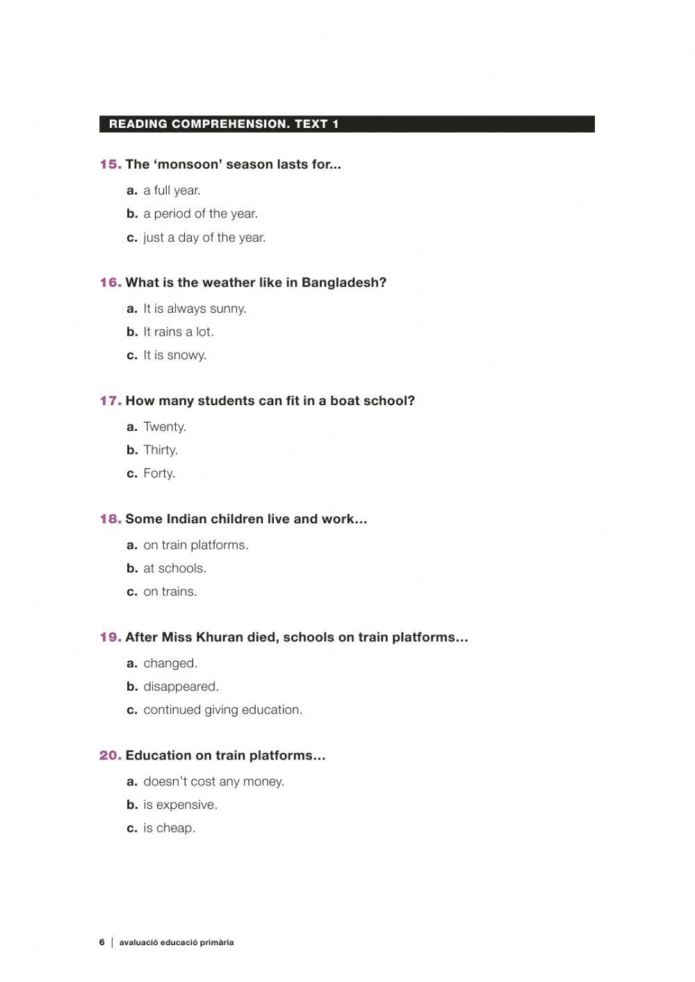 READING COMPREHENSIONS 6th GRADE