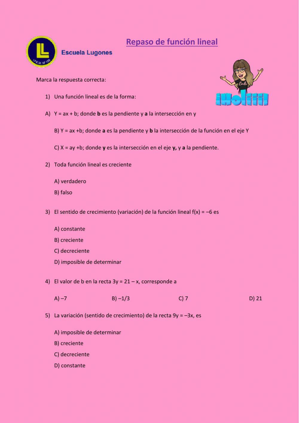 ficha de repaso de función lineal