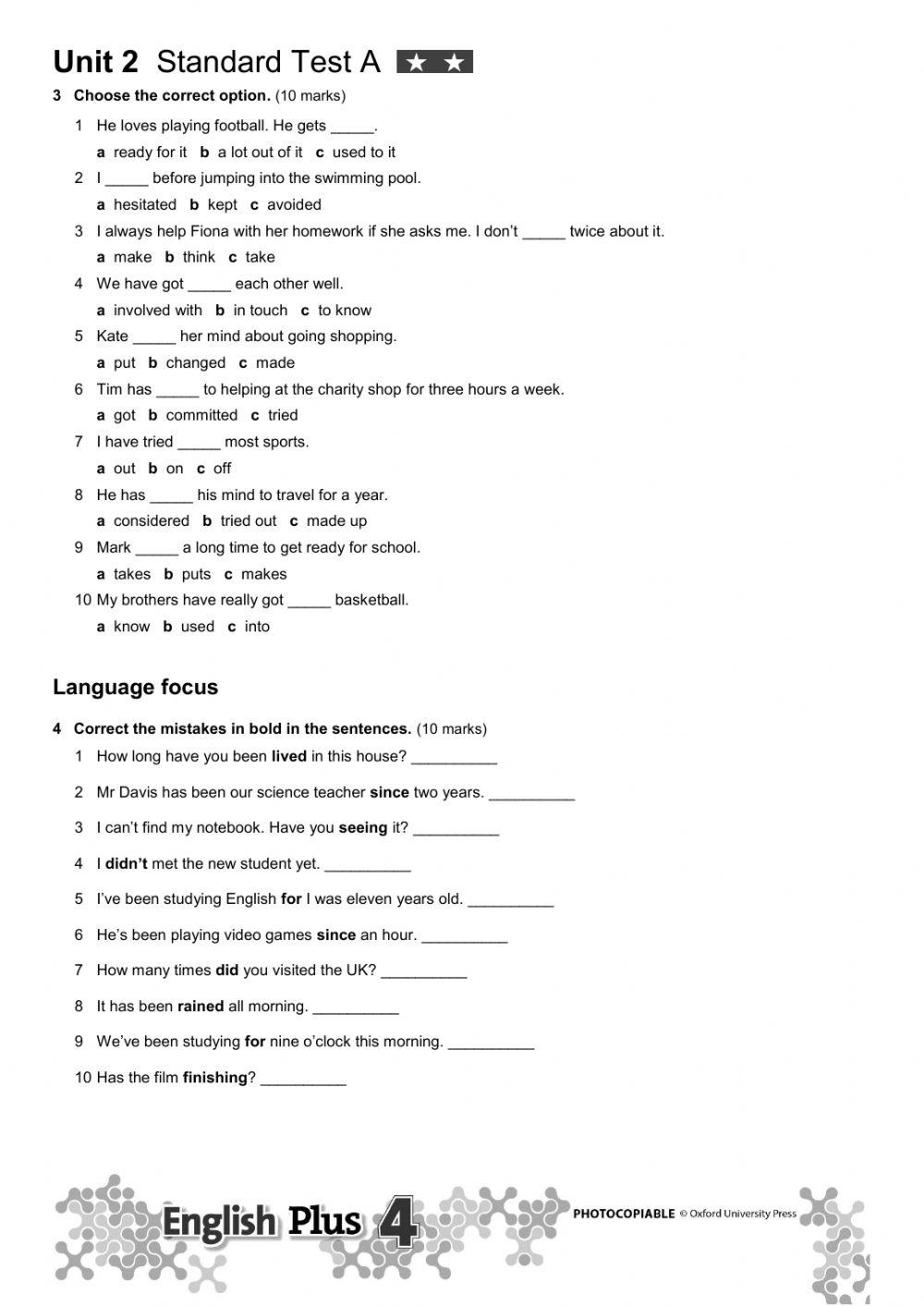 English+ Level 4, 2nd Ed., Test Unit 2 online exercise for | Live ...