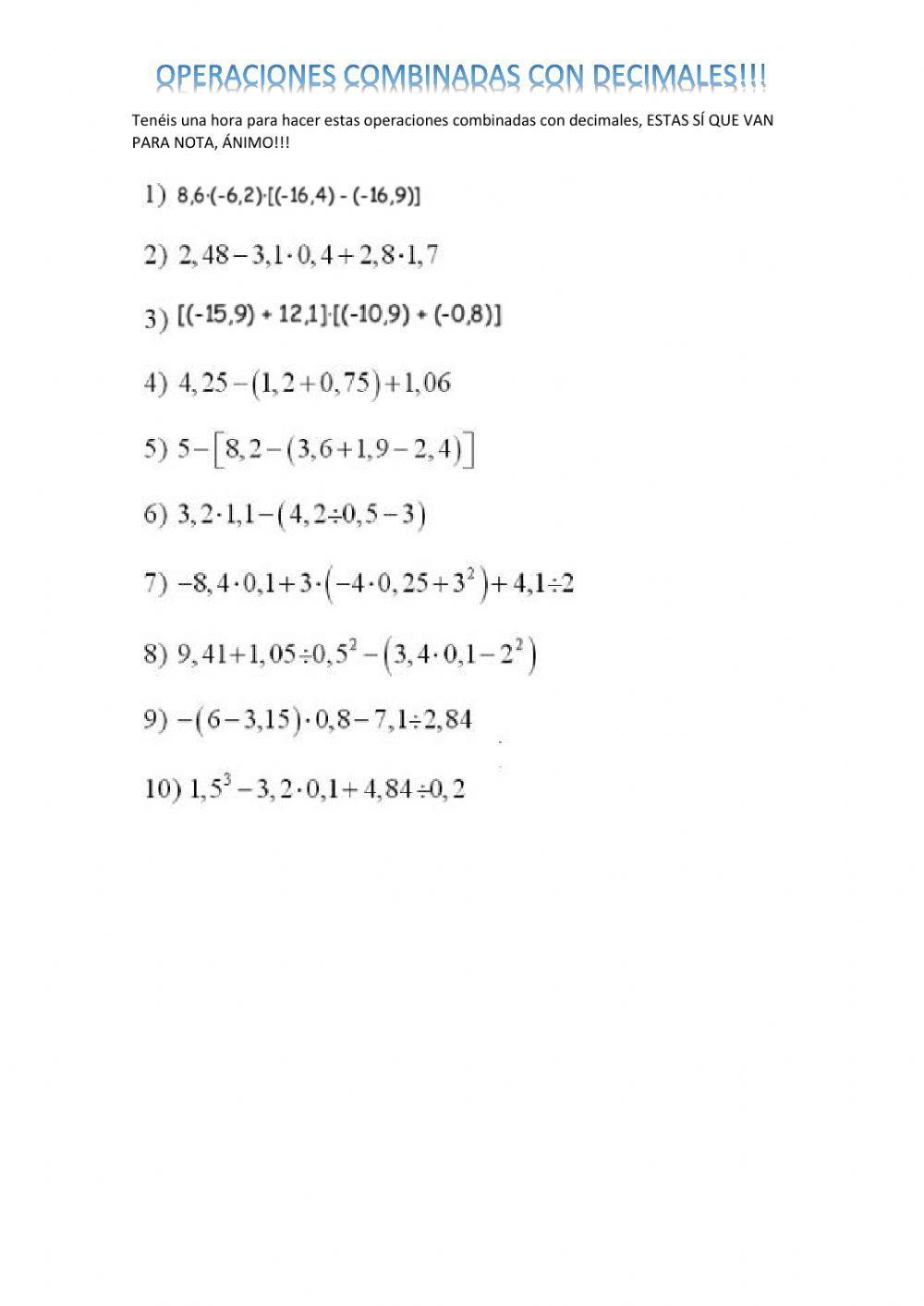 Operaciones combinadas con decimales