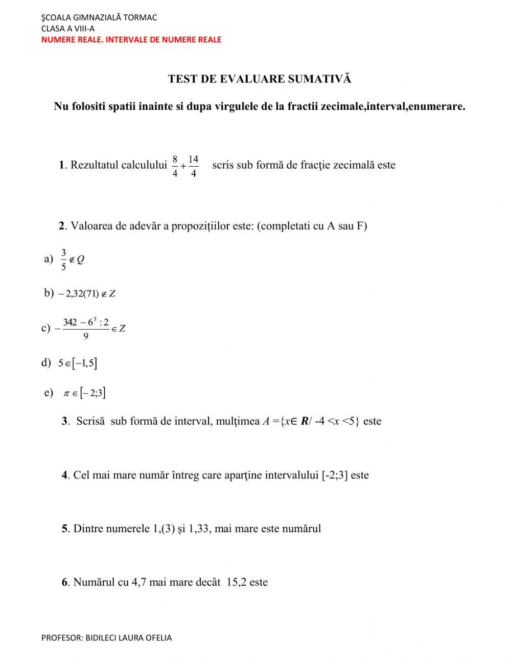 TEST DE EVALUARE-INTERVALE DE NUMERE REALE-CLASA A VIII-A