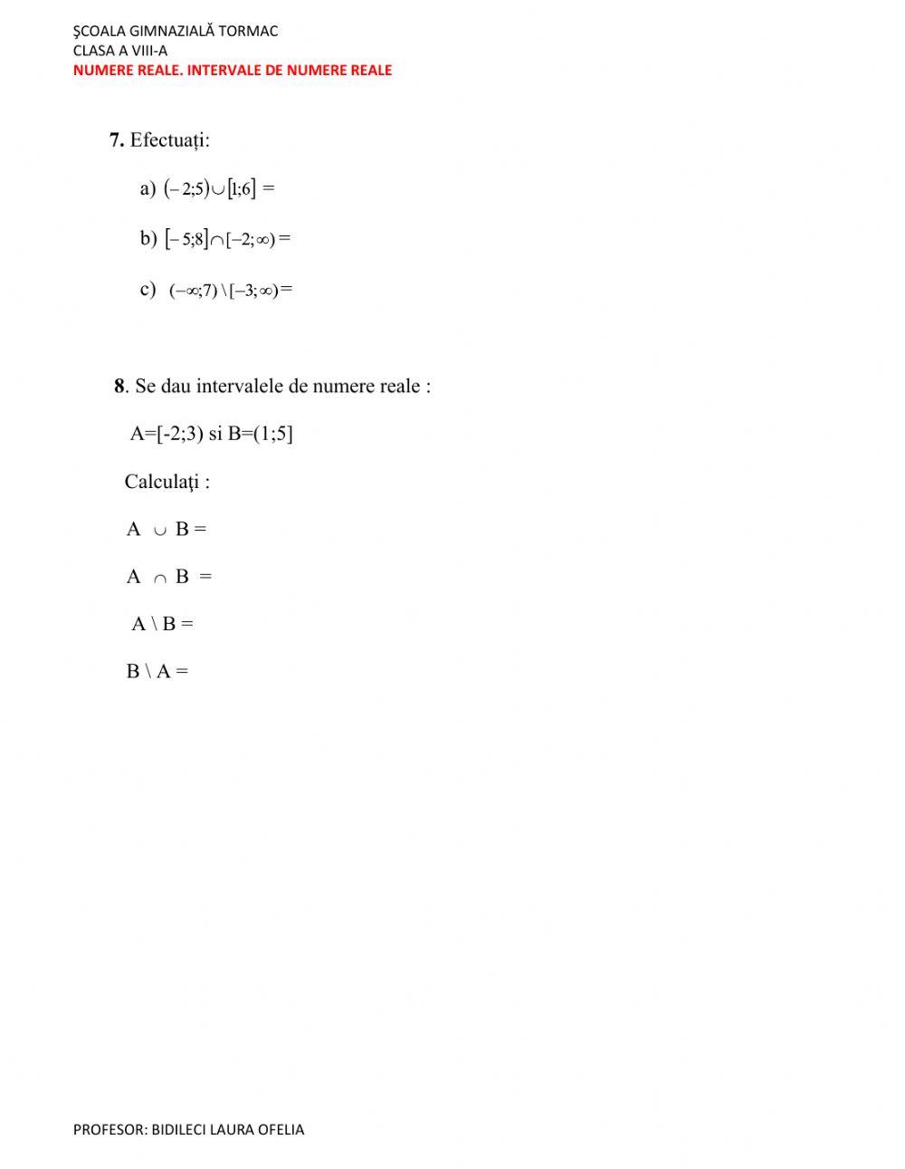 TEST DE EVALUARE-INTERVALE DE NUMERE REALE-CLASA A VIII-A