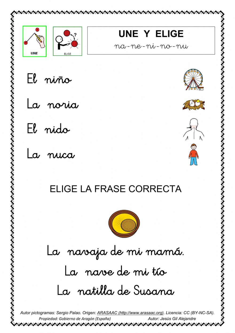 Une cada palabra el dibujo y elige la frase correcta.na ne ni no nu