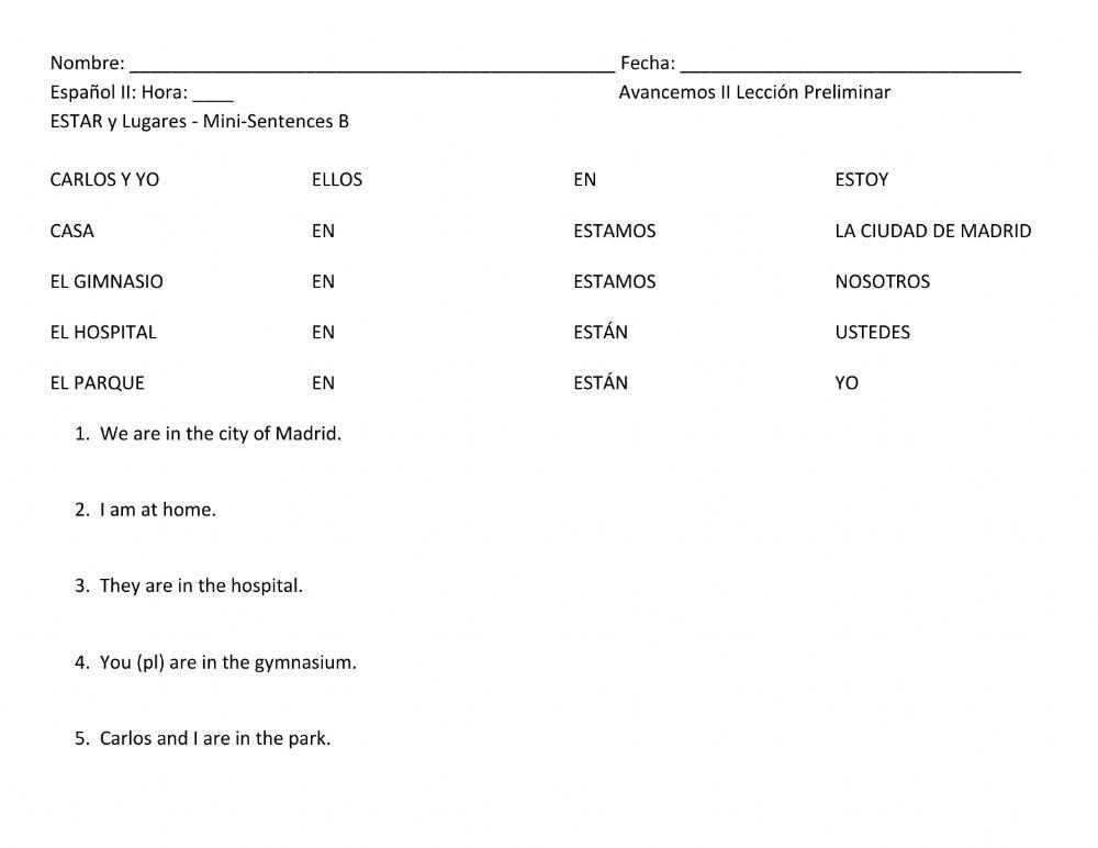 SP2 Mini Sentences ESTAR B