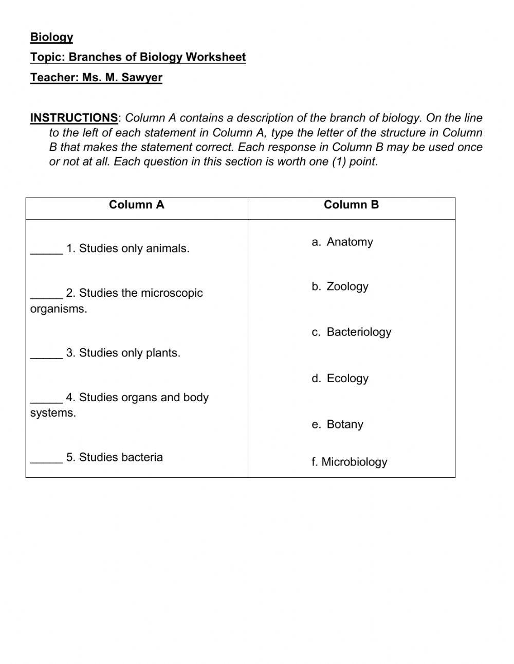 Branches Of Bio Free Interactive Worksheets 4418284 Branches Of Bio Free Interactive Worksheets 4418284