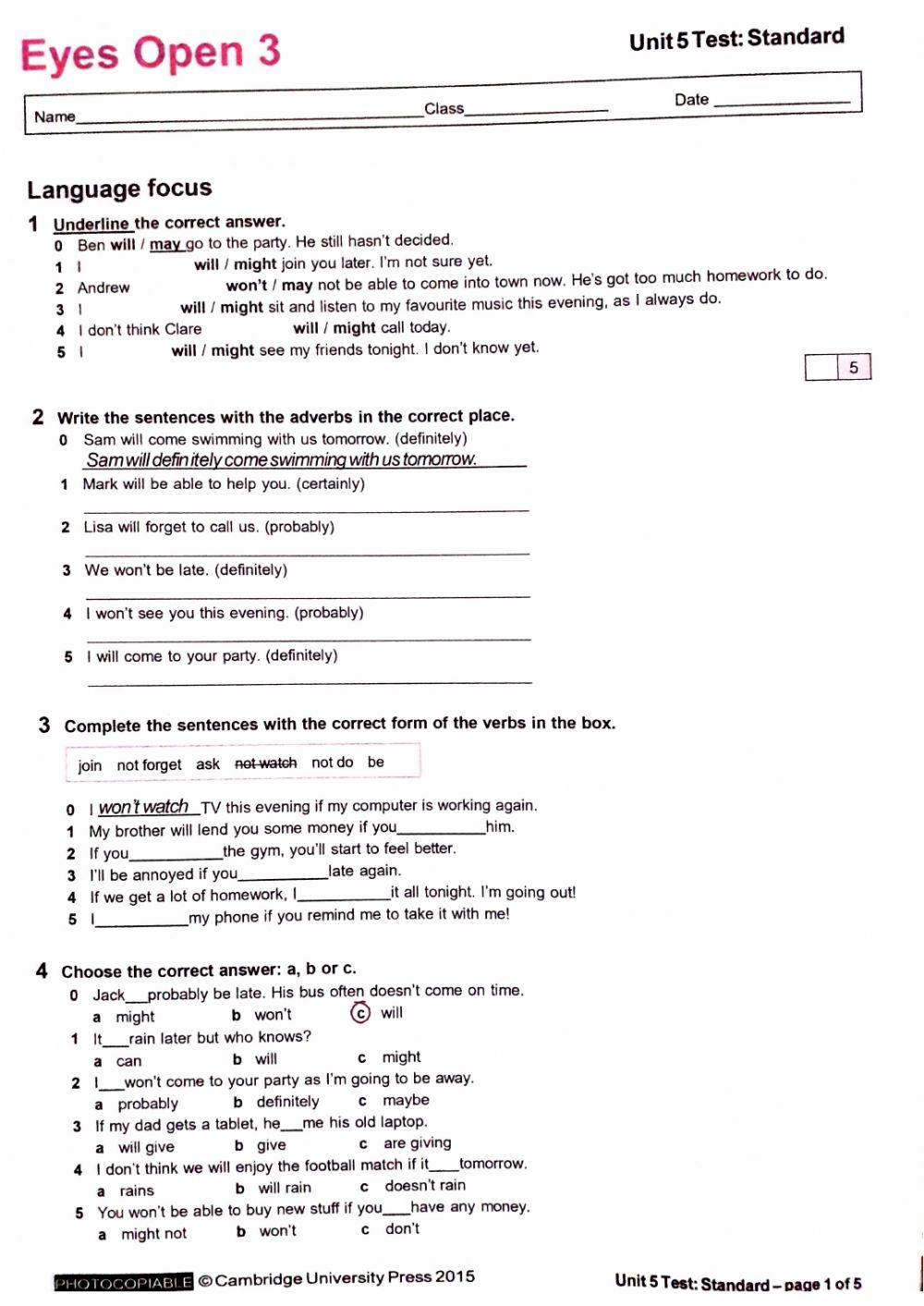 Eyes open 3 unit 5 short test