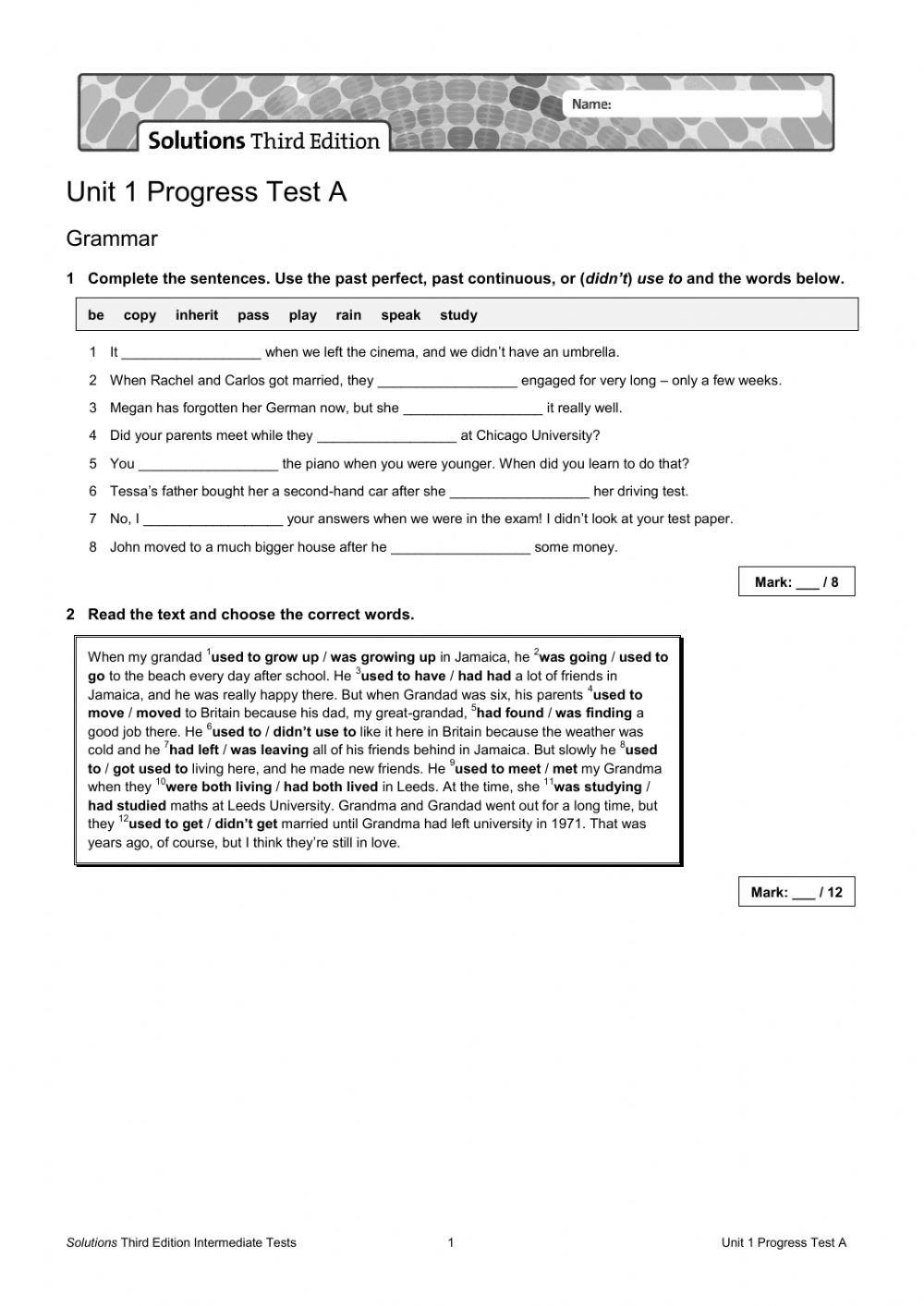 Solutions intermediate unit 1 test online exercise for live worksheets