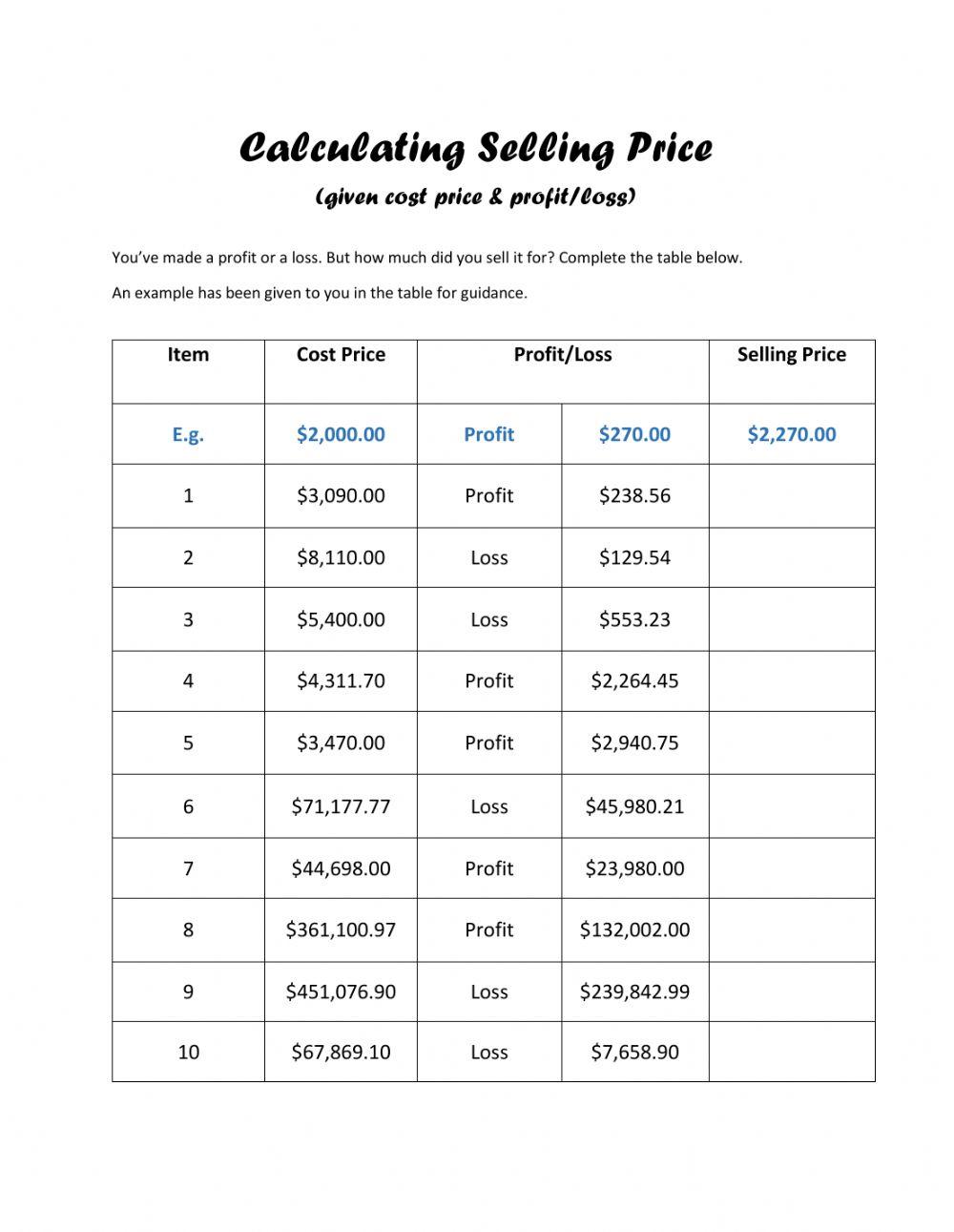 Calculating Selling Price (given C.P. and Profit or Loss)