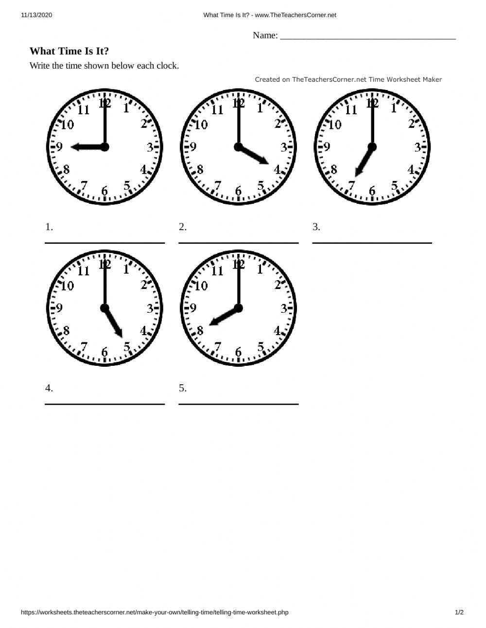 Telling Time 1 Hour