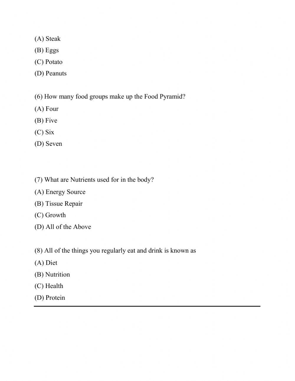 AFA Grade 9 Physical Education Diet and Nutrition Worksheet