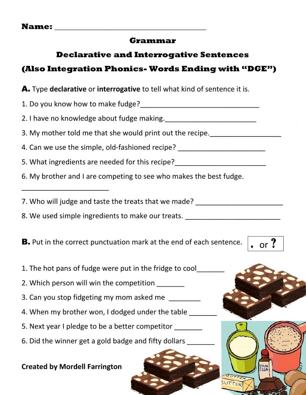 Sentences Declarative and Interrogative- Also: Phonics- Words that End with -dge-