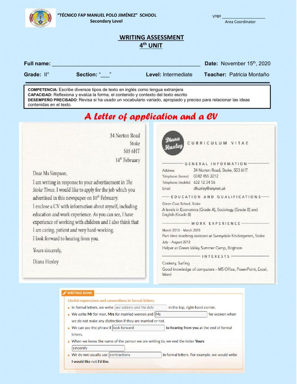 A letter of application and a cv