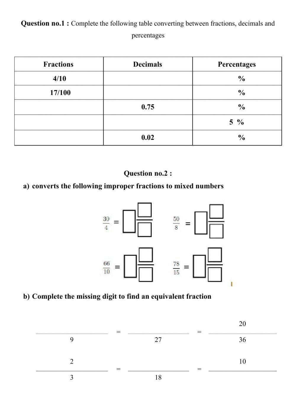 Fractions , decimal, percentage worksheet | Live Worksheets